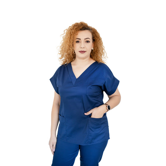 Bluză medicală clasică, decolteu în V cu bentiță lată