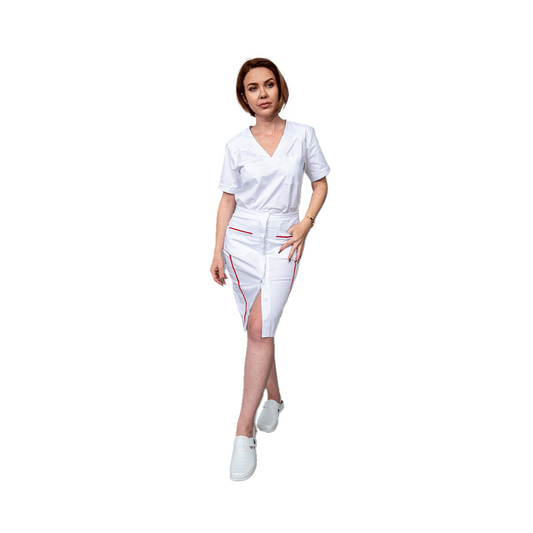 Fustă medicală albă, slim fit pencil, cu detalii decorative în dungi