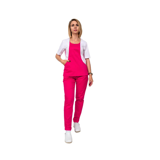 Costum medical cu bluză cambrată în două culori și pantaloni conici