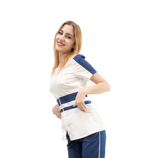 Bluză medicală albă cu fermoar și detalii navy la mâneci si talie