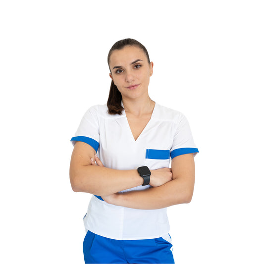 bluza medicala cu decolteu in v, cambrata, alba cu detalii albastru