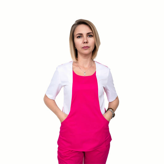 Bluză medicală cambrată, design în două culori, mâneci albe