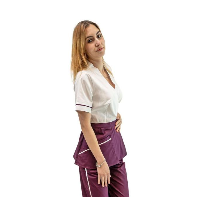 Bluză medicală petrecută cu cordon, detalii contrast visiniu și design în două culori