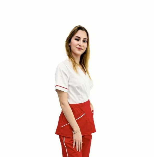 Bluză medicală petrecută cu cordon, detalii contrast rosu și design în două culori
