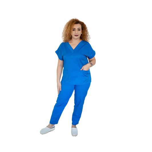 Costum medical clasic, bluză lejeră cu decolteu V și pantaloni conici