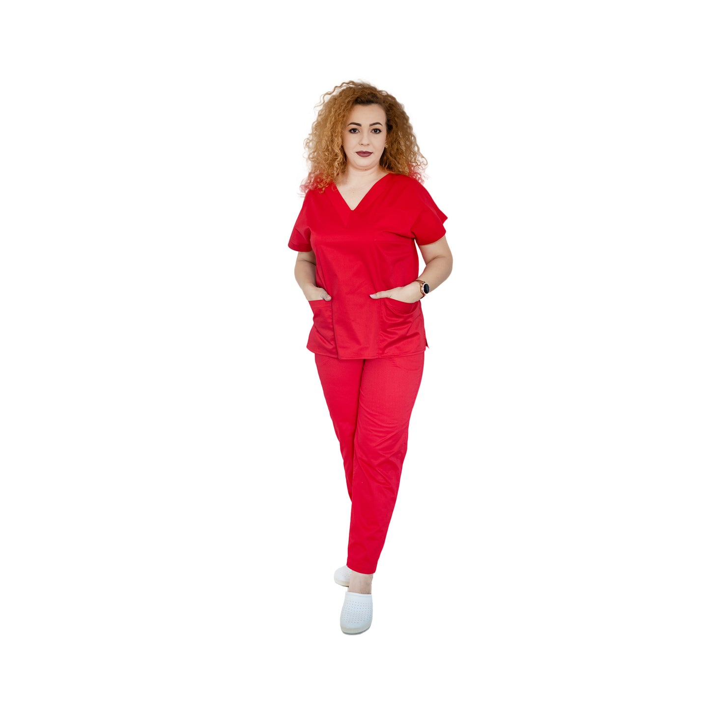uniforma medicala, model coreflex, classic cu decolteu in v, culoare rosu