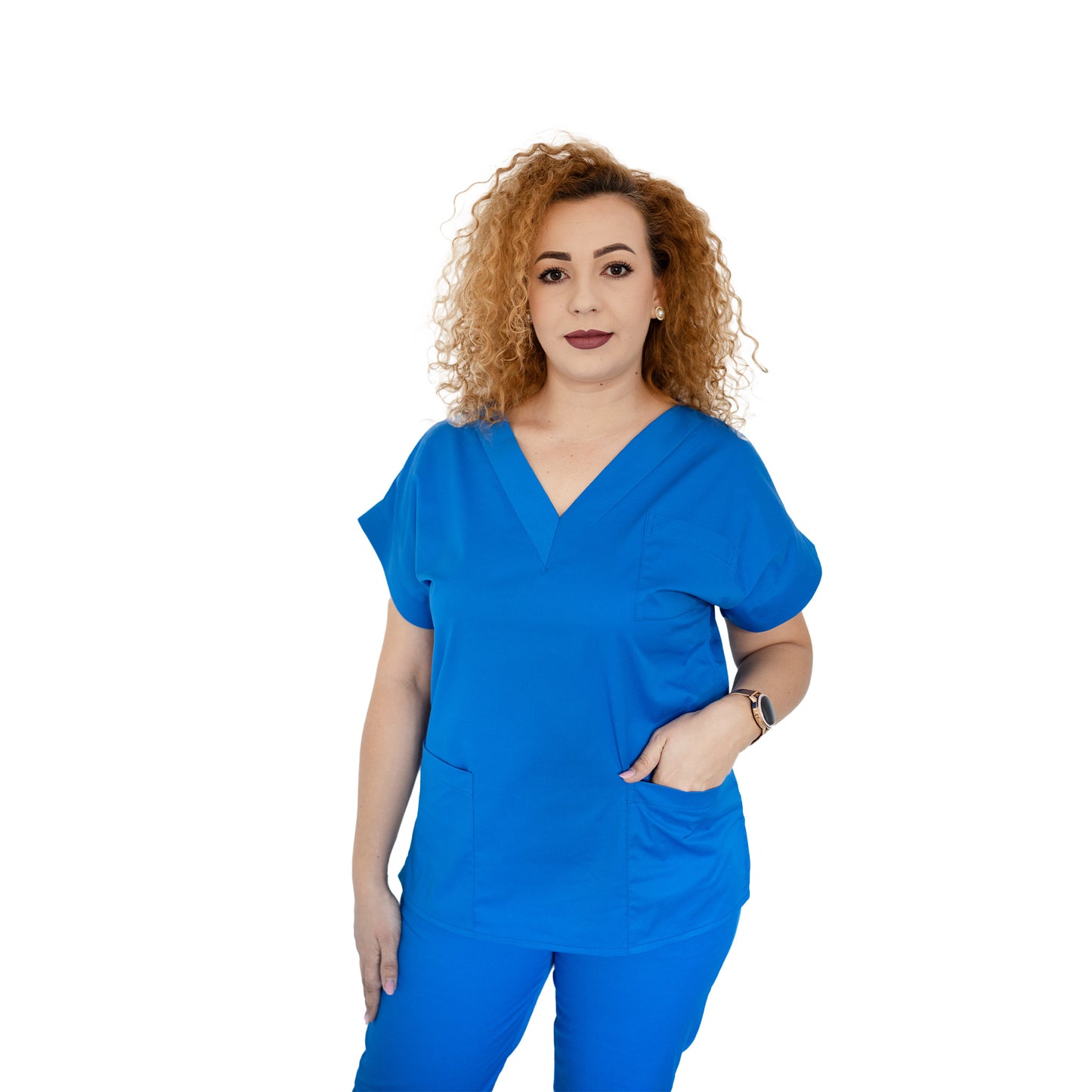 Bluză medicală clasică, decolteu în V cu bentiță lată