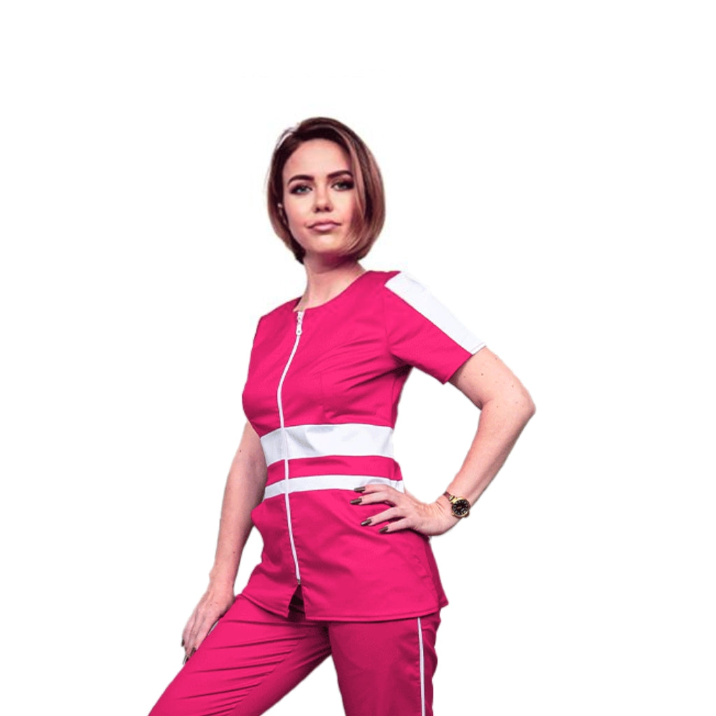 Bluză medicală cu fermoar, decolteu rotund și detalii contrast