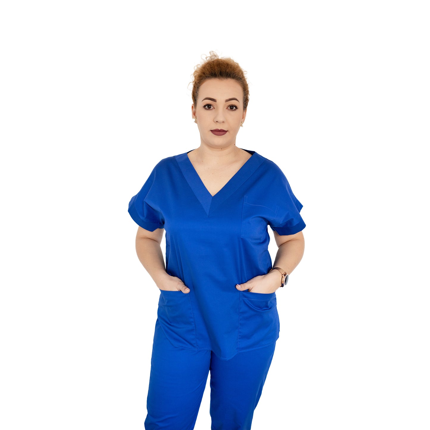 Bluză medicală clasică, decolteu în V cu bentiță lată