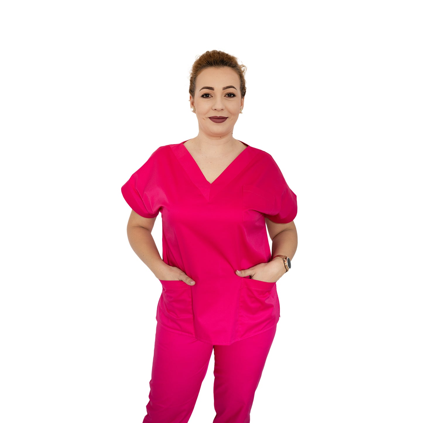 Bluză medicală clasică, decolteu în V cu bentiță lată