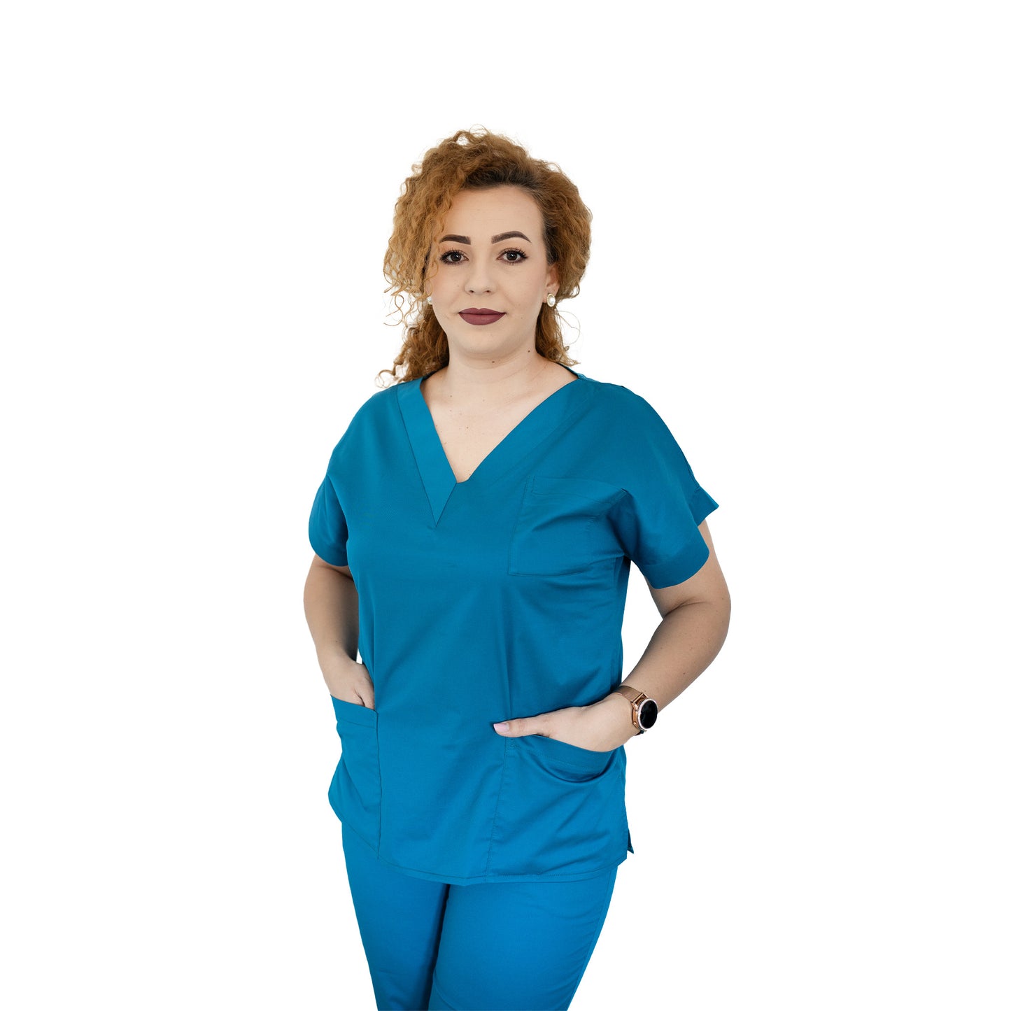 Bluză medicală clasică, decolteu în V cu bentiță lată