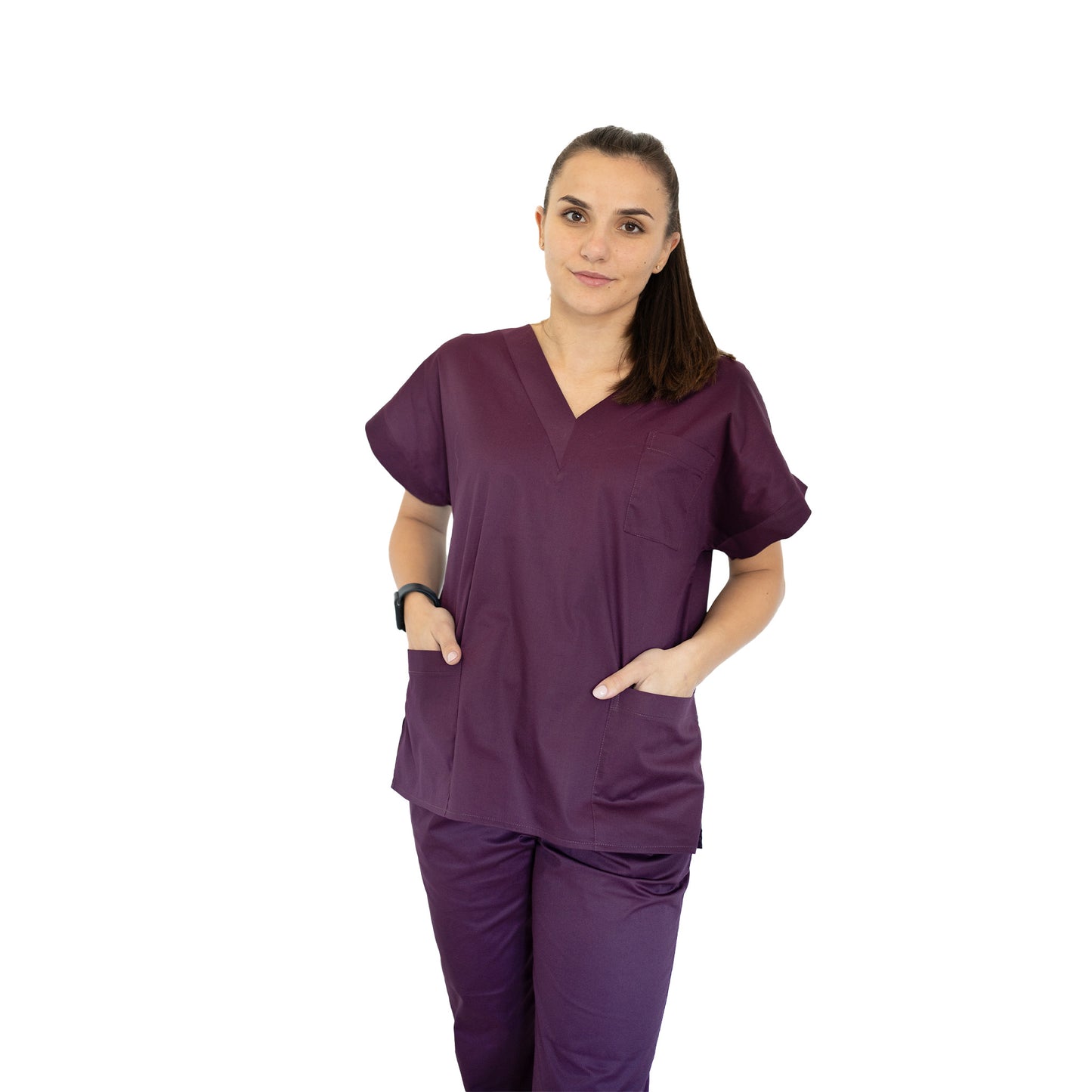 Bluză medicală clasică, decolteu în V cu bentiță lată