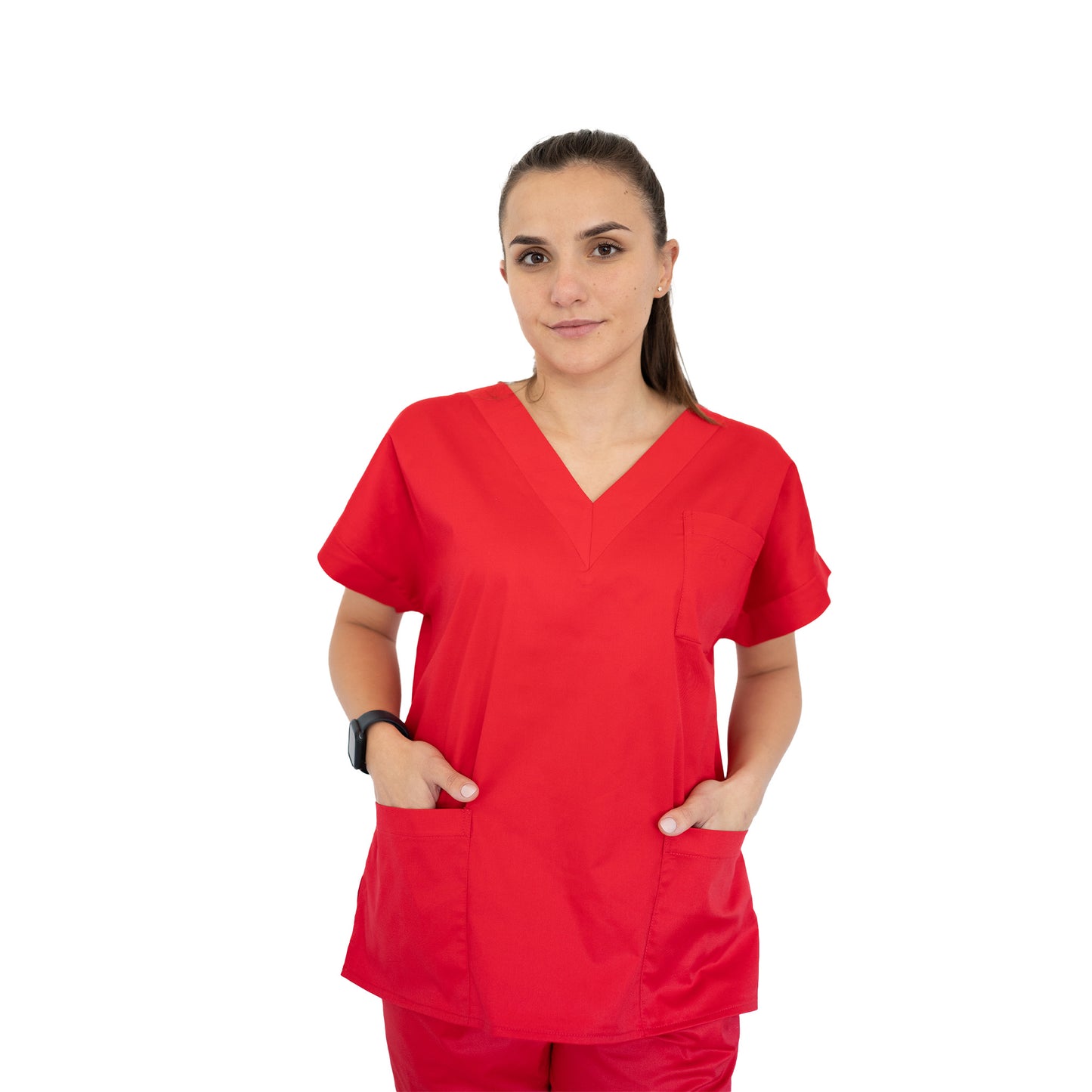 Bluză medicală clasică, decolteu în V cu bentiță lată