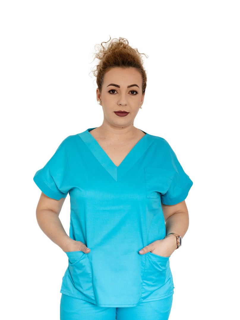 Bluză medicală clasică, decolteu în V cu bentiță lată