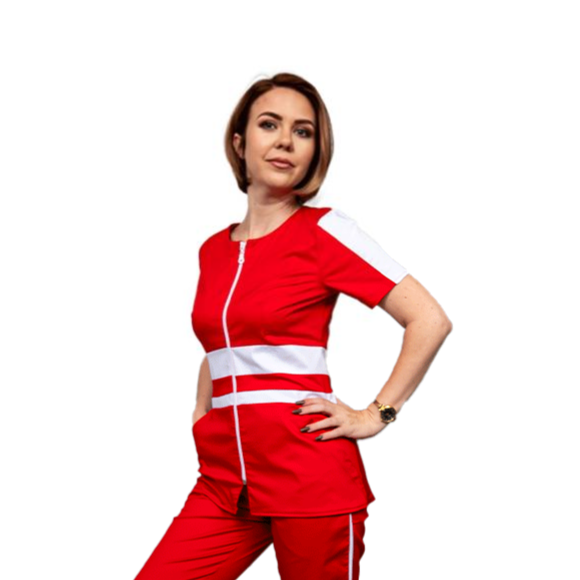 bluza medicala cu fermoar rosie cu dungi albe